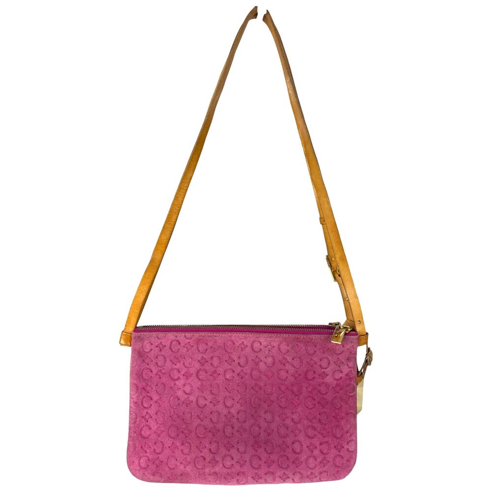 Celine Pink Suede Monogram Double Pouch Shoulder Bag Vintage Italy MC00/3